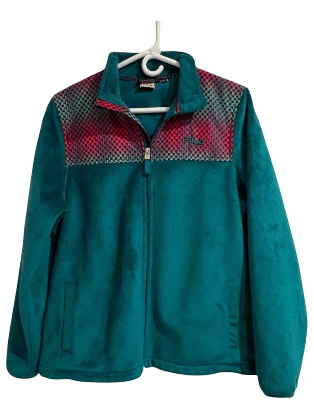 Fila Sport Womens Teal Pink Pattern Full Zip Fleece Jacket Size L